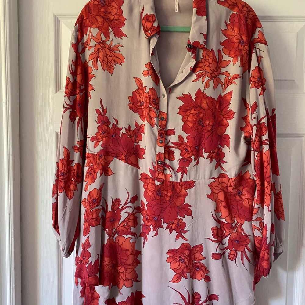 Free People Shake It Mini Dress Gray & Red Floral Long Sleeve Small Oversized - Picture 6 of 6